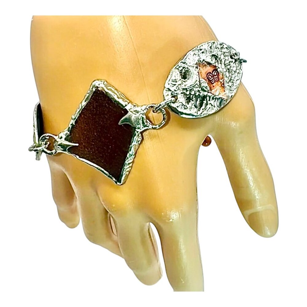 Amber Sea Glass Mixed Metals Butterfly Bracelet w/ Artisan Silver & Copper ADJ. - Picture 6 of 11